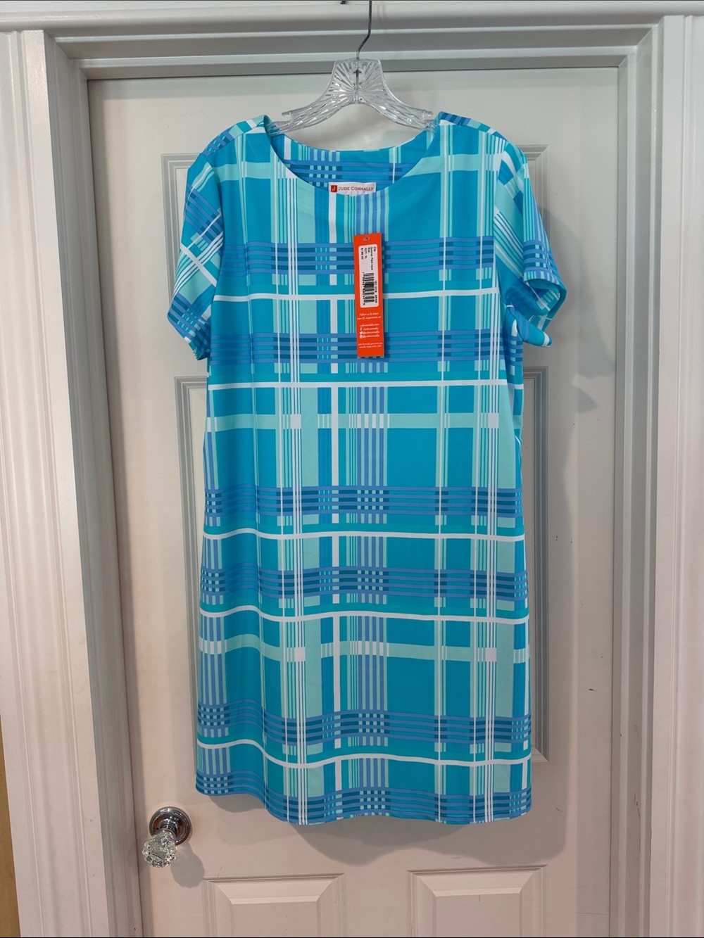 NWT Jude Connally Ella Summer Plaid Aqua Blue Turquoise & White Dress XL